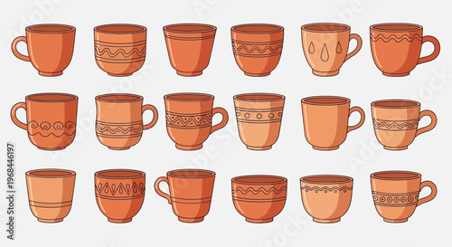 Flat lay of multiple ceramic coffee mugs with various designs on a clean white background, showcasing home equipment.