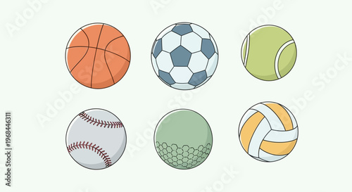 Illustration of six different sports balls including basketball, soccer, tennis, baseball, golf, and volleyball.