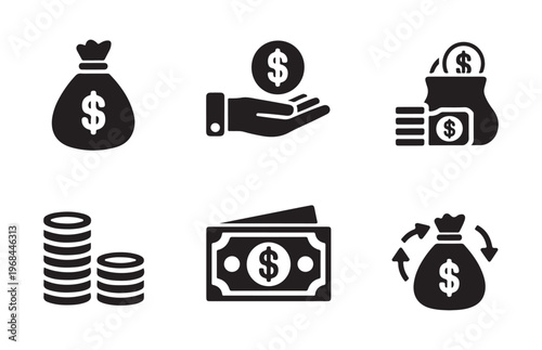 Money and finance icons set. collection of money bag, hand with dollar, stacked coins, and paper money symbols in solid style.