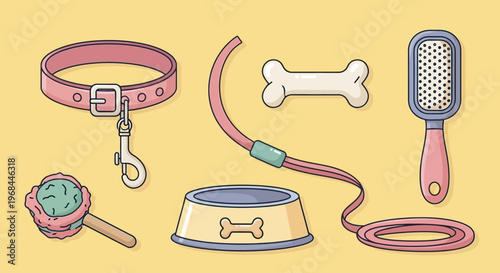 Set of colorful pet accessories including collar, leash, bowl, bone, and brush.