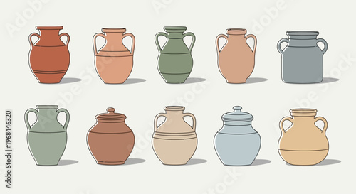 A flat lay of various colorful clay pots and vases with two handles on a clean white background, showcasing home equipment.