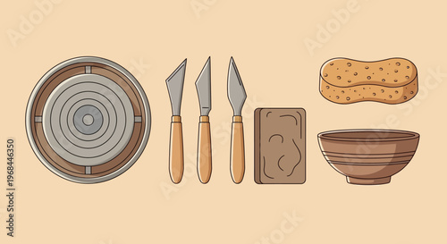 Set of kitchen utensils and tools for cooking and food preparation.