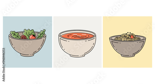 Illustration of three different bowls of food including salad, soup, and grain dish.