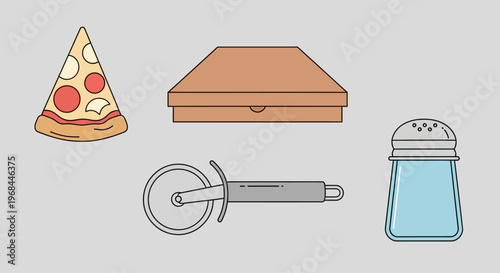Illustration of pizza slice with box, cutter, and salt shaker.