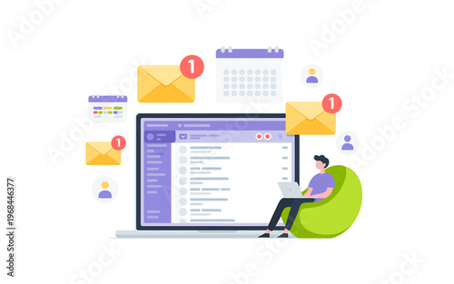 Man sitting on bean bag chair using laptop with email notifications on screen