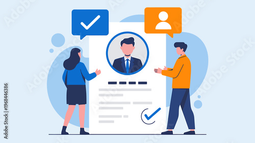 Business people discussing a resume with a profile picture and checkmarks