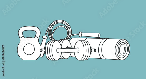 Illustration of fitness equipment including dumbbells, kettlebell, and jump rope.