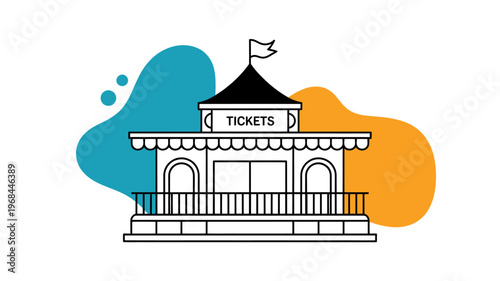 Colorful illustration of ticket booth with balcony and flag on top  modern design