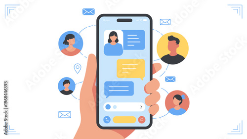 Hand holding smartphone with chat interface and people icons around  online communication