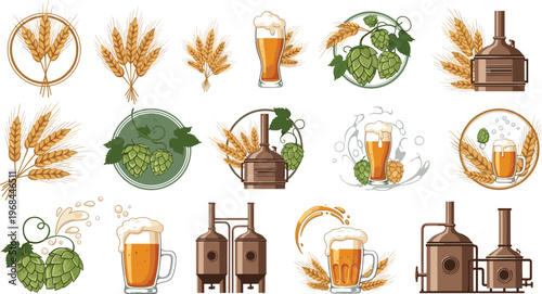 Beer Brewing Process and Ingredients Vector Set Featuring Hops Barley Brewery Equipment Mug Glass Craft Beer Elements Isolated on White Background