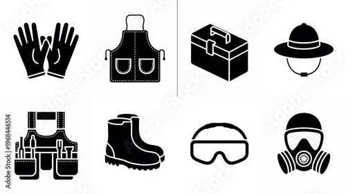 Black and white icons of protective workwear and equipment for industry and safety