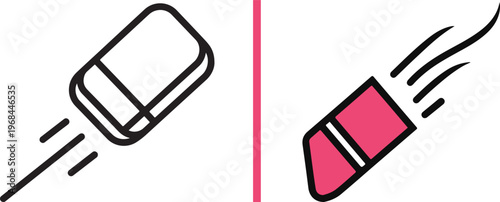 A vector illustration featuring a red eraser icon on the left and a server hardware stack with a hard disk drive icon on the right, separated by a vertical line.