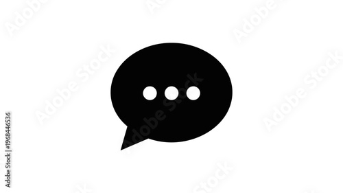 Black speech bubble icon with three white dots on white background
