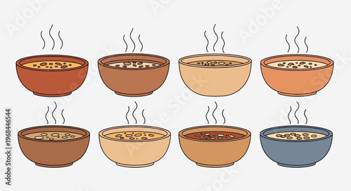 Eight steaming bowls of soup arranged in two rows on a clean white background, showcasing various flavors and colors in a lifestyle setting.