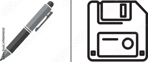 A minimalist vector graphic featuring a grey pen icon on the left and a black-and-white floppy disk icon on the right, representing a blend of traditional writing and digital data storage.