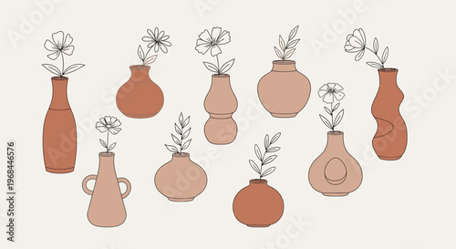 Minimalist flat lay of various terracotta vases with simple line drawings of flowers on a cream background, showcasing a modern lifestyle aesthetic with earthy tones.