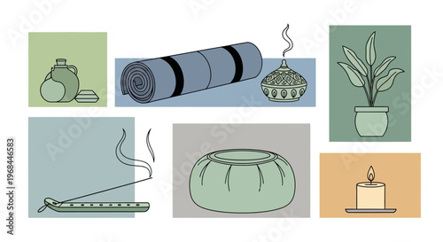 Collage of various home equipment and decor items including a yoga mat, plant, candle, and incense on a white background with a minimalist aesthetic and calming mood.