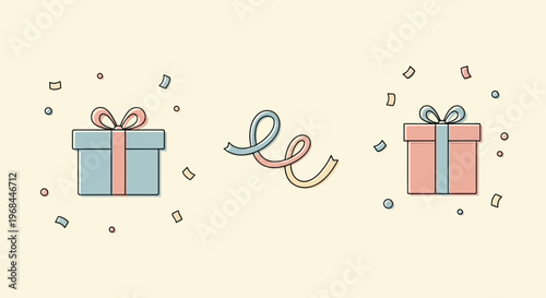 Digital illustration of two gift boxes with colorful ribbons and confetti on a pale yellow background, conveying a celebratory lifestyle theme.