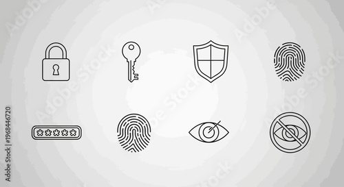 A flat lay of various security icons, including a padlock, key, shield, fingerprint, password, eye, and target, arranged on a clean white background with a subtle grey gradient, conveying a