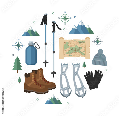 Outdoor hiking and mountain trekking gear including boots, poles, map, compass, water bottle, gloves, and crampons