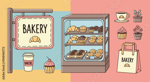 Colorful illustration of a bakery display with assorted pastries, a sign, and coffee cups on a yellow and pink background, showcasing a lifestyle of sweet treats.
