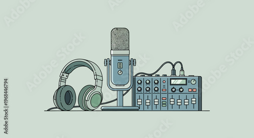 A digital illustration of a microphone, headphones, and audio equipment on a muted green background, conveying a creative and music production lifestyle.