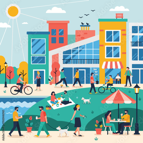 Colorful depiction of urban park life with people, buildings, and nature