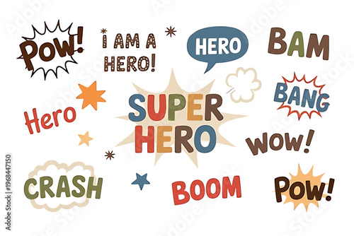 Colorful comic book words and phrases for superhero graphic design elements