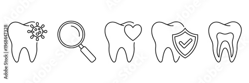 Illustrations of dental health awareness and protection concepts with icons