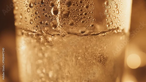 Close up of a cold glass of beer and water featuring macro bubbles and liquid drops on a wet surface with a yellow abstract foam texture