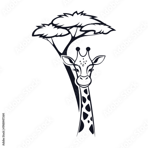 Portrait Silhouette of a Giraffe with Spotted Skin Peeking, Professional Vector Graphic for Wildlife and Nature Conservation