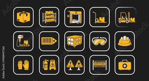 Collection of Logistics, Warehousing, and Industrial Safety Icons on a Dark Background