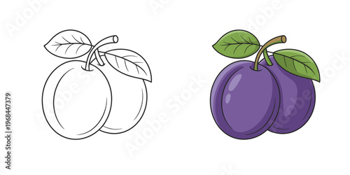 Two colorful plums illustration with green leaves on transparent background