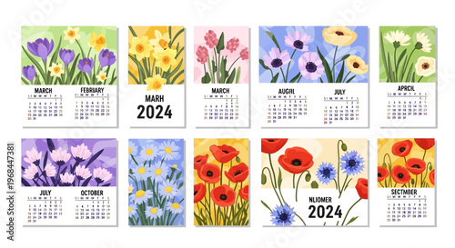 Watercolor floral calendar pages.