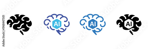 Four stylized brain icons showing artificial intelligence integration progression with transparent background