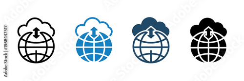 Four stylized cloud and globe icons with varying color schemes for digital design use