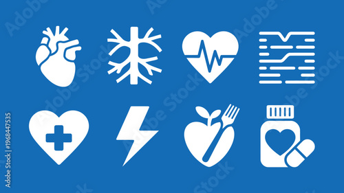 Health and medical icons set on blue background for infographics