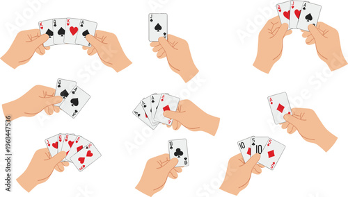 Collection of human hands holding various playing cards and poker combinations for gambling casino gaming and leisure activity concept flat vector