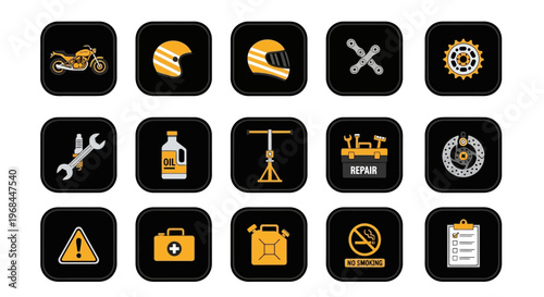 Motorcycle Service and Repair Icons Set, tools and parts for bike maintenance on black background.