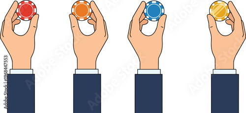 Collection of businessman hands holding various colorful casino poker chips for gambling gaming investment and risk management concept flat vector