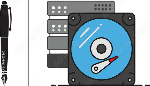 A vector illustration featuring a fountain pen on the left and a hard disk drive with server hardware icons on the right, separated by a vertical line.