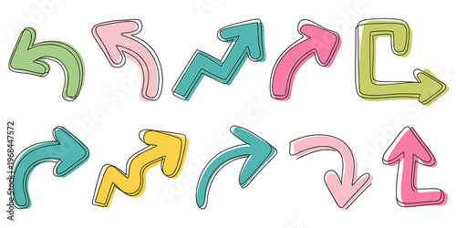 Colorful hand drawn arrows pointing different directions on white background
