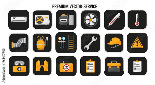 AC and HVAC Service Repair Icons Set, including tools and safety equipment for climate control systems on black background.