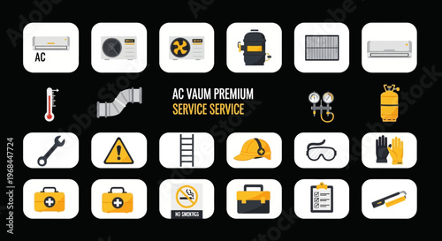 AC Repair and HVAC Service Icons Set, cooling and heating system maintenance symbols on black background.
