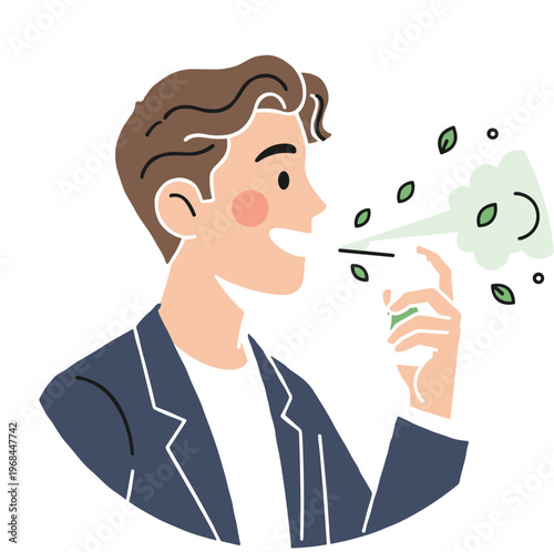Young man using mint mouth spray for fresh breath and oral hygiene care to prevent bad odor in professional or social life flat vector