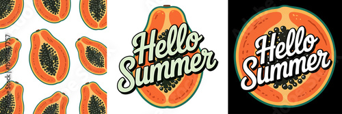 Papaya fruit slices and hello summer text on white and black backgrounds