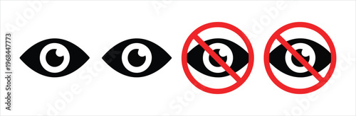 Minimalist eye visibility icon set with viewing and restricted vision symbols for user interface design use.