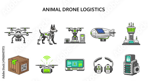 modern flat vector illustration Animal drone logistics and delivery systems.