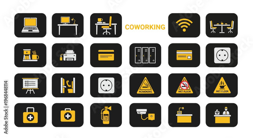 Coworking Space and Office Safety Icons Set with Wireless Connectivity and Warning Signs on Black Background