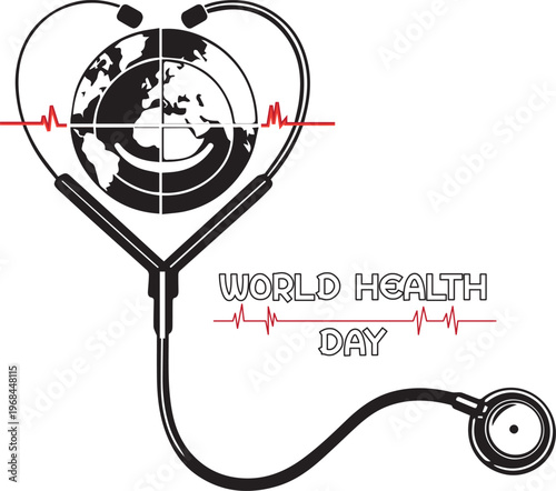 World Health Day stethoscope design.World health day concept world map, heartbeat, stethoscope and flat icons for healthcare and medical vector illustration